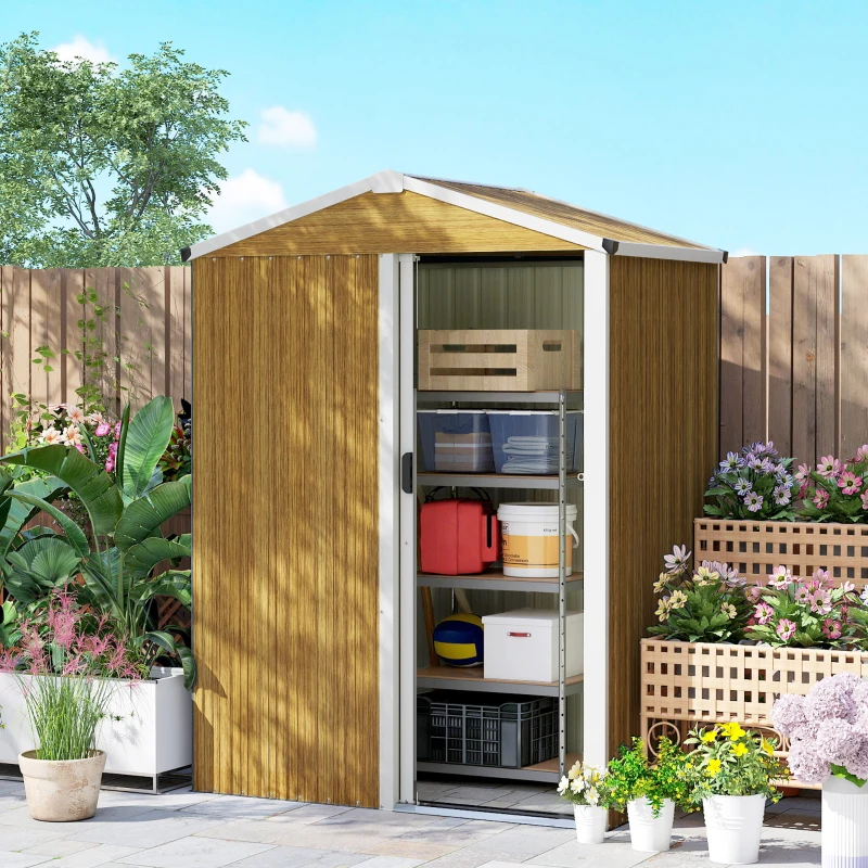 Outsunny 4.5 x 3ft Outdoor Storage Shed, Waterproof Metal Garden Shed with Lockable Door for Backyard, Patio, Lawn, Wood Grain
