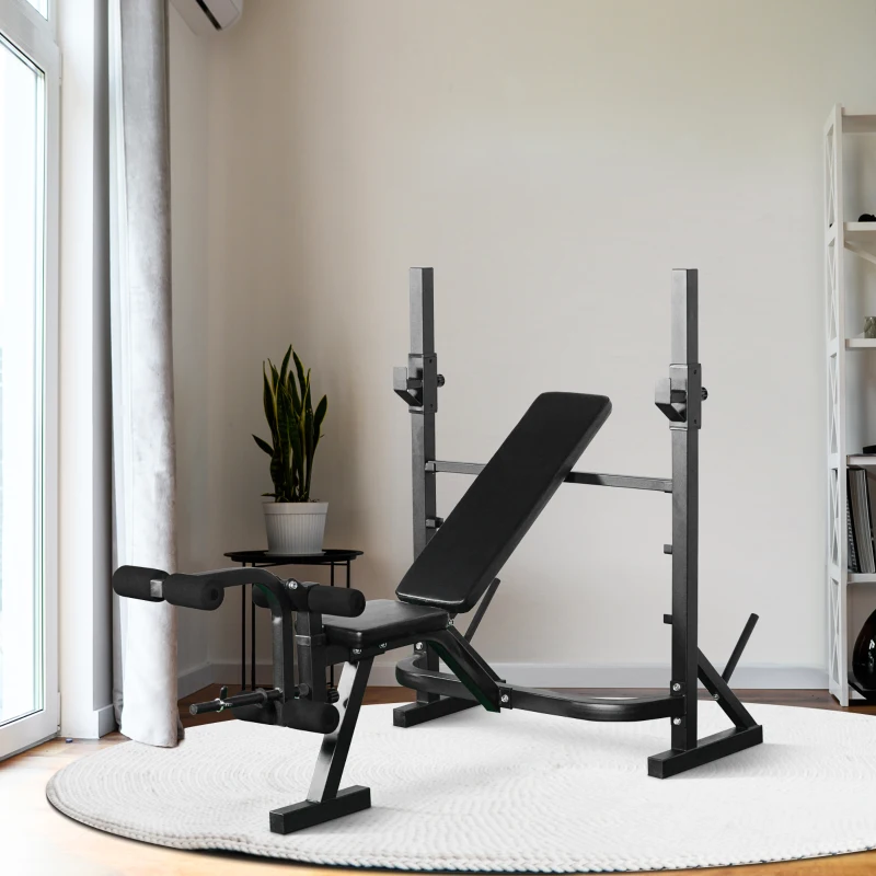 Soozier Weight Bench, Flat Incline Decline Workout Bench Press Set with Squat Racks, Leg Developer, Weight Plate Stand