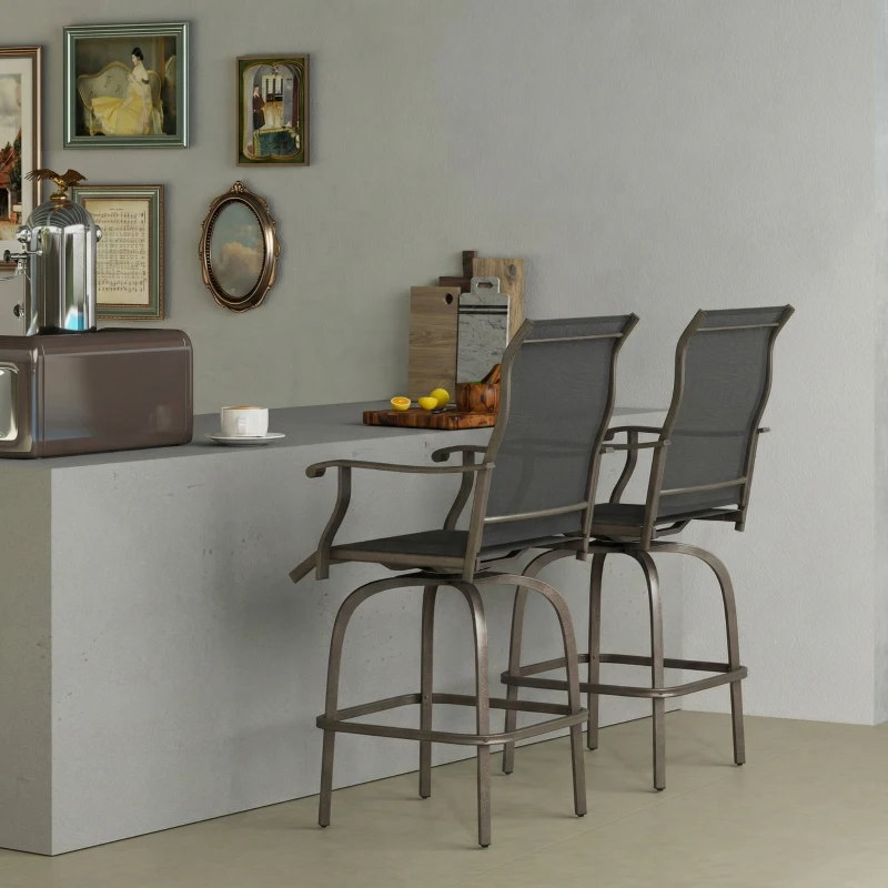 Outsunny Outdoor Bar Stools Set of 2, Swivel Bar Height Chairs with High Back, Curved Armrests and Steel Frame, Light Grey