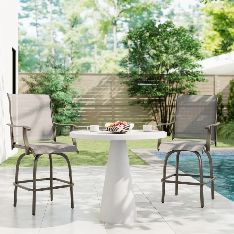 Outsunny Outdoor Bar Stools Set of 2, Swivel Bar Height Chairs with High Back, Curved Armrests and Steel Frame, Light Grey