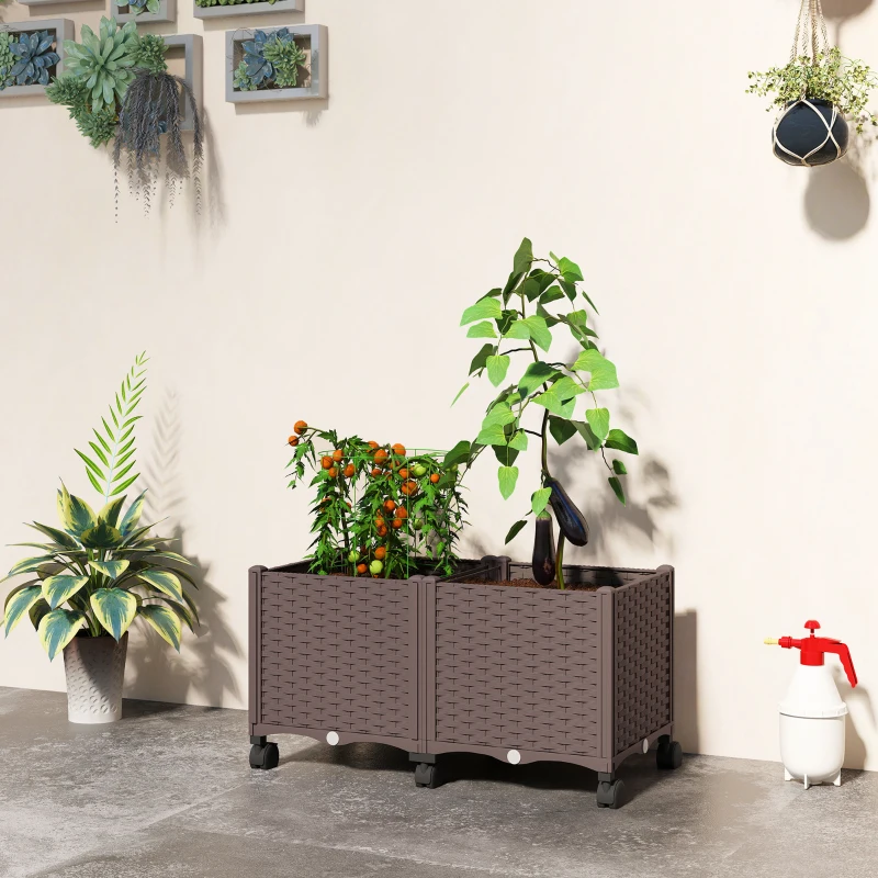 Outsunny Plastic Raised Garden Bed, Indoor Outdoor Self Watering Planter Box with Drainage Holes and Plugs for Flowers