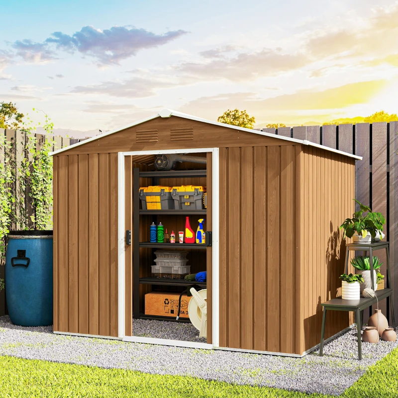 Outsunny 8' x 6' Outdoor Storage Shed, Metal Garden Tool Storage House with Lockable Sliding Doors and Vents for Backyard Patio Lawn, Dark Brown