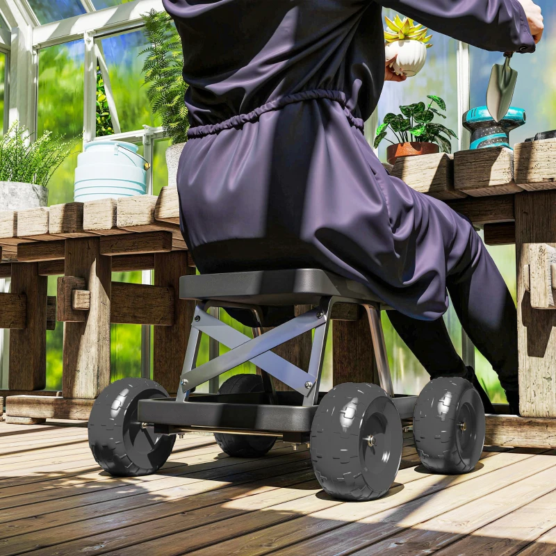 Outsunny Garden Seat with Wheels, Rolling Garden Stool with Tool Tray, Cart for Outdoor Work, 19.7" x 19.3" x 12.6", Black