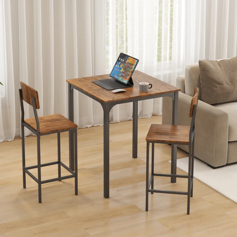 HOMCOM 3 Piece Pub Table and Chairs, Small Kitchen Table and Chairs, Square Dining Table with 2 Stools, Walnut and Black