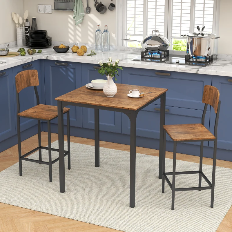 HOMCOM 3 Piece Pub Table and Chairs, Small Kitchen Table and Chairs, Square Dining Table with 2 Stools, Walnut and Black