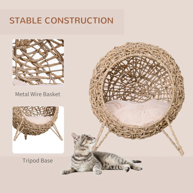 PawHut Rattan Cat House with Cushion, Elevated Wicker Kitten Bed for Indoor Cats, Natural Wood