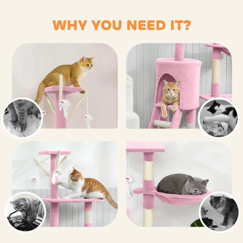 PawHut 53" Cat Tree Tower, Kitten Activity Centre with Scratching Posts, Condo, Perches, Ladder, Hammock, Dangling Toys, Pink