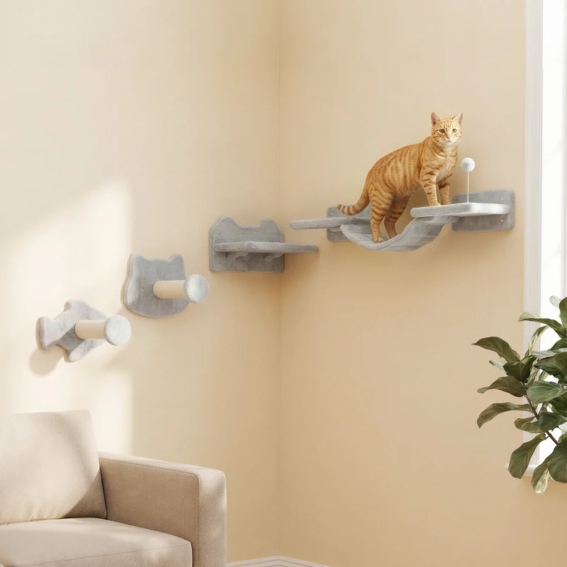 PawHut 4PCs Cat Wall Shelves with Steps, Scratching Posts, Ladder, Platforms, Toy Balls