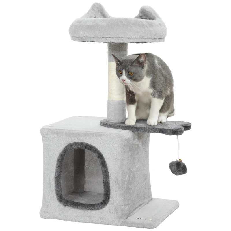 PawHut 28" Cat Tree Tower with Plush Top Bed, Cozy Condo, Sisal Scratching Post, Perch, Dangling Ball, Light Grey