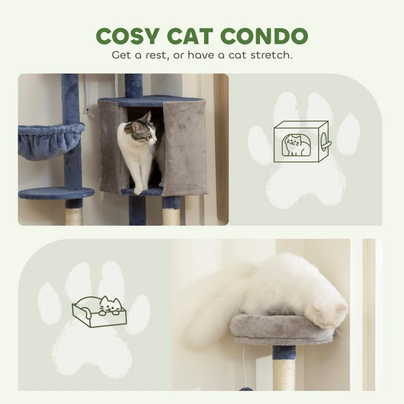 PawHut 48" Modern Cat Tree with Condo, Hammock, Perch, Sisal Scratching Posts, Toy Ball, for Indoor Cats, Blue and Grey