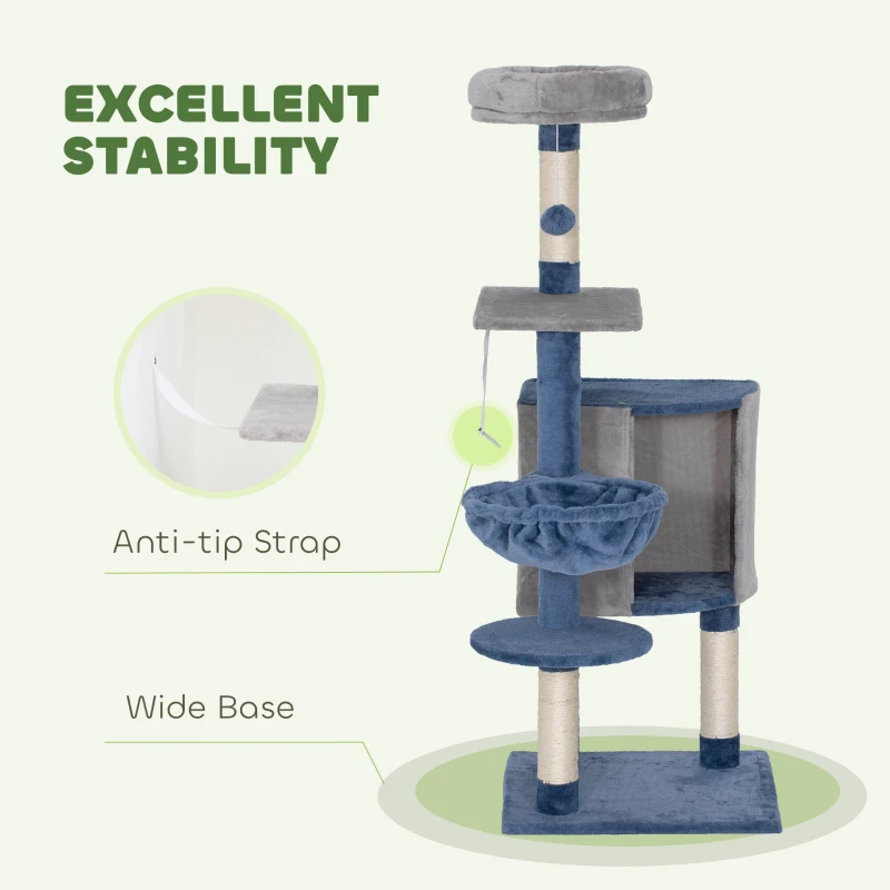PawHut 48" Modern Cat Tree with Condo, Hammock, Perch, Sisal Scratching Posts, Toy Ball, for Indoor Cats, Blue and Grey