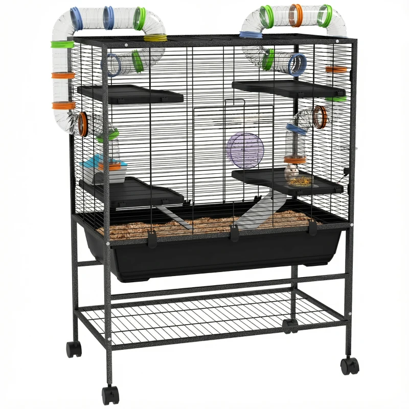 PawHut 43" Rolling Hamster Cage with Tunnel Tube System, Storage Shelf, Exercise Wheel, Food Dish, Water Bottle, Ramp