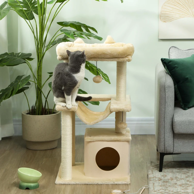 PawHut 39.25'' Cat Tree Tower Multi-Level Kitten House with Scratching Post Condo Hammock Bed Ball Toy - Beige