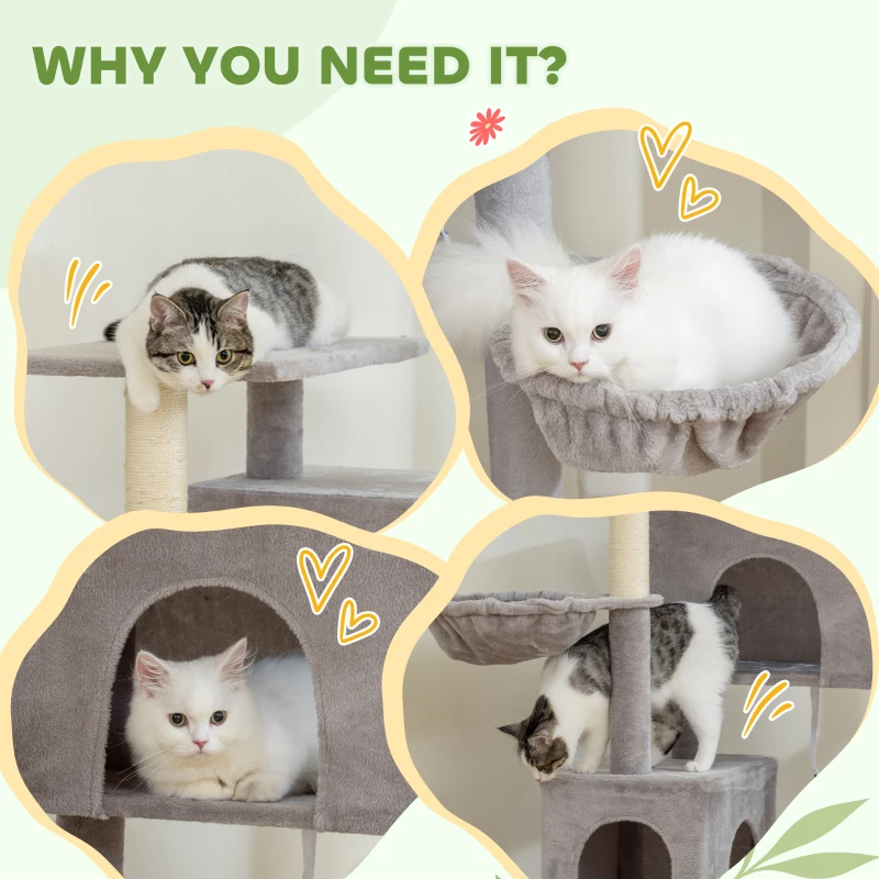 PawHut 66 Inch Large Cat Tree with 2 Door Condos, 3 Big Hammocks, Plush Top Perch, Sisal Scratching Posts, Light Grey