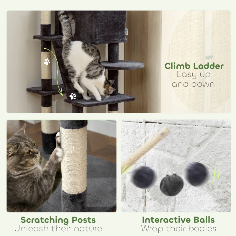 PawHut 59 Inch Large Cat Tree with Sisal Scratching Posts, Cozy Condo, Top Perch, Ladder and Interactive Balls, Dark Grey