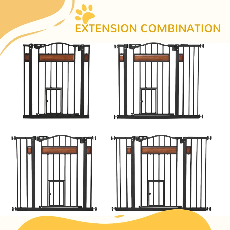 PawHut 29.1''-41.3'' Extra Wide Dog Gate with Cat Door, Stair Pressure Fit, Auto Close, Double Locking, for Doorways, Hallways