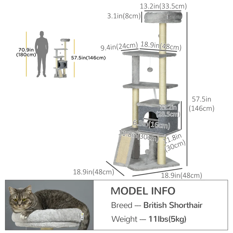 PawHut 57.5" Cat Tree with Scratching Posts, Large Cat Tower for Indoor Cats with Bed, House, Toys, Grey
