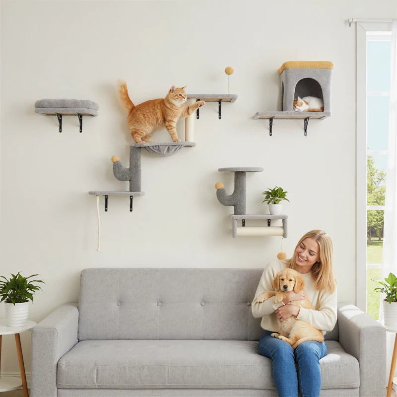 PawHut Cat Wall Shelves, 4 Pcs Cat Wall Furniture Set with Scratching Posts, Condo, Hammock, Perchs, Light Grey