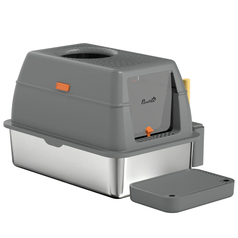 PawHut XL Stainless Steel Cat Litter Box, 80L Kitty Litter Box with Front/Top Entry, Trapping Step, Scoop, for Large Big Cats