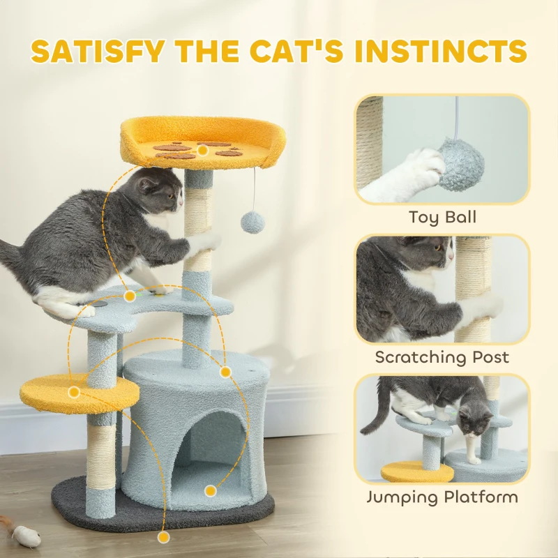 PawHut Cat Tree for Indoor Cats, 31.5 inch Cat Tower with Plush Perch, Platform, Condo, Scratching Post and Toy Ball, Blue
