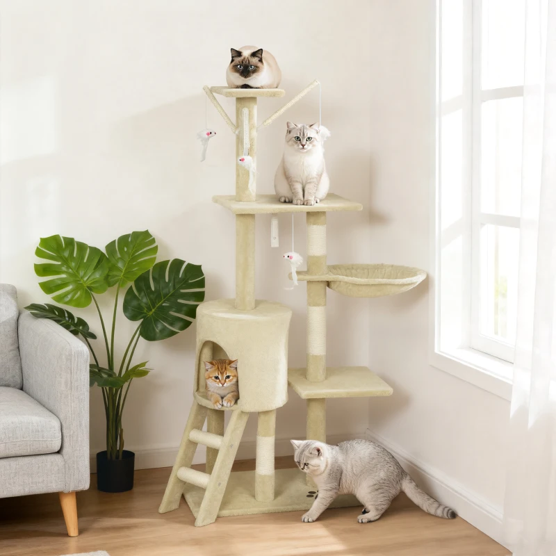 PawHut 53" Cat Tree Tower, Kitten Activity Centre with Scratching Posts, Condo, Perches, Ladder, Hammock, Dangling Toys, Beige
