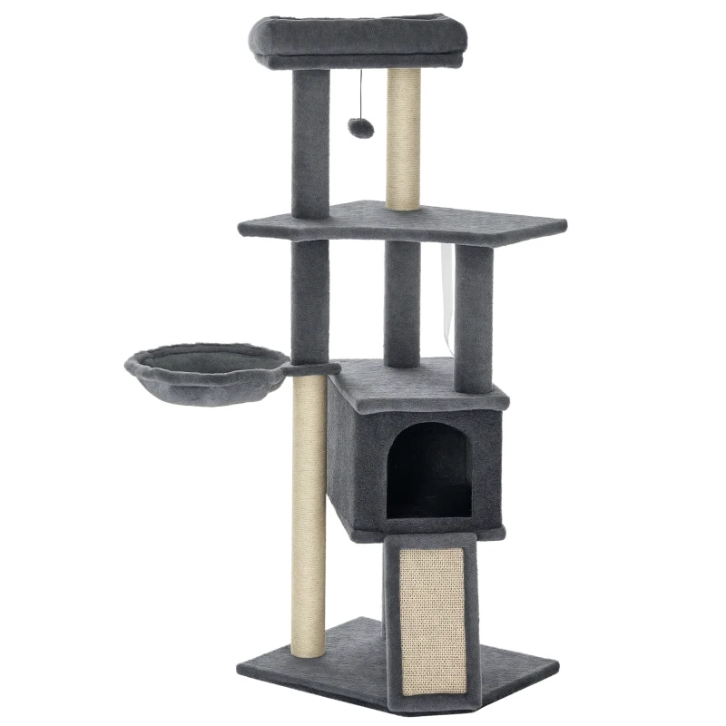 PawHut 50 Inch Cat Tree, Multi-Level Cat Tower with Sisal Scratching Posts and Ramp, Bed, Condo, Hammock, Toy Ball, Grey