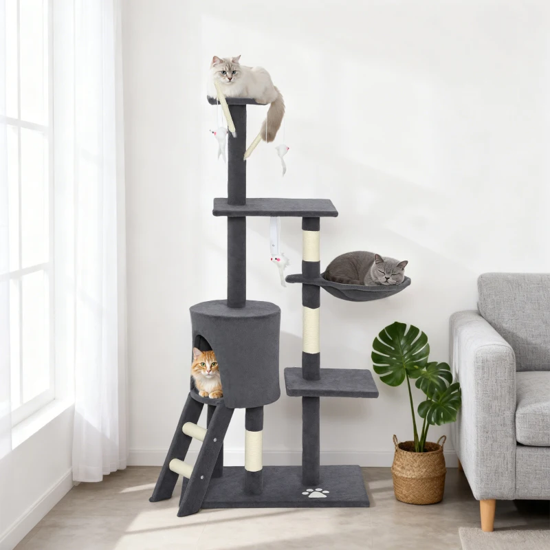 PawHut 53" Cat Tree Tower, Kitten Activity Centre with Scratching Posts, Condo, Perches, Ladder, Hammock, Dangling Toys, Dark Grey