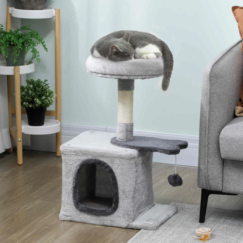 PawHut 28" Cat Tree Tower with Plush Top Bed, Cozy Condo, Sisal Scratching Post, Perch, Dangling Ball, Light Grey