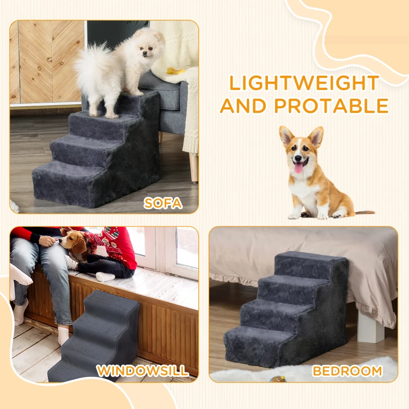 PawHut 4-Step Dog Ramp for Sofa, Bed, and Couch, with Removable Cover, Dark Grey