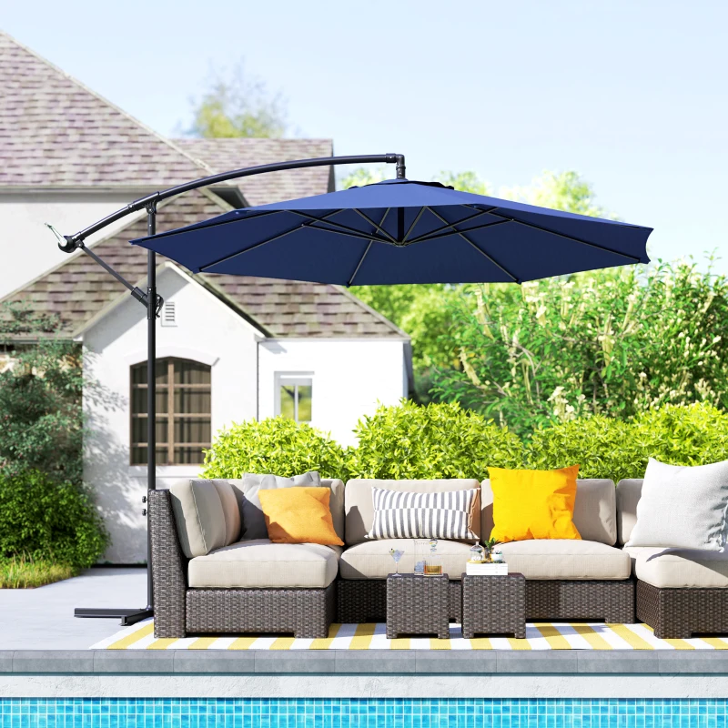 Outsunny 9.7ft Offset Patio UmbrellaCantilever Parasol with Crank Handle, 8 Ribs and Cross Base for Outdoor, Sun Shade, Blue