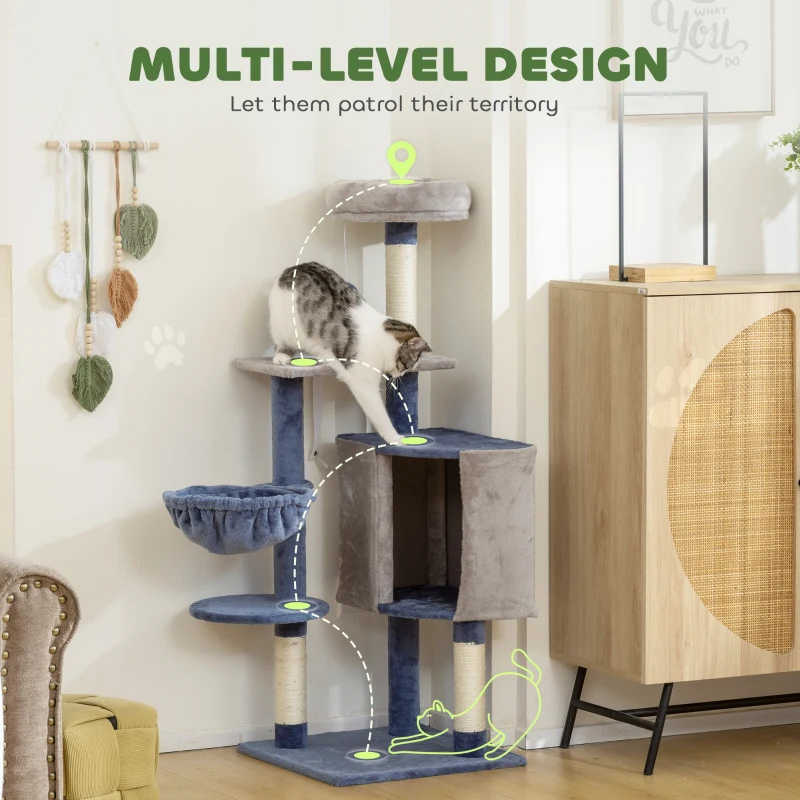 PawHut 48" Modern Cat Tree with Condo, Hammock, Perch, Sisal Scratching Posts, Toy Ball, for Indoor Cats, Blue and Grey
