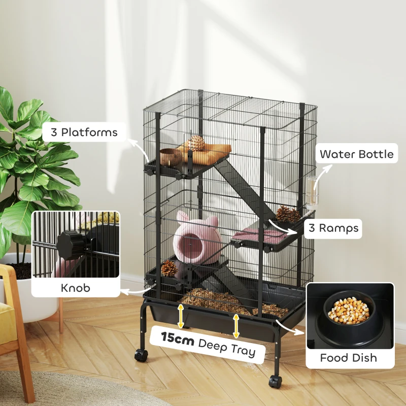 PawHut 47"H Ferret Cage, Large 4-Tier Guinea Pig Cage with Wheels, Ramps, Bowl, Water Bottle & Removable Tray, Black