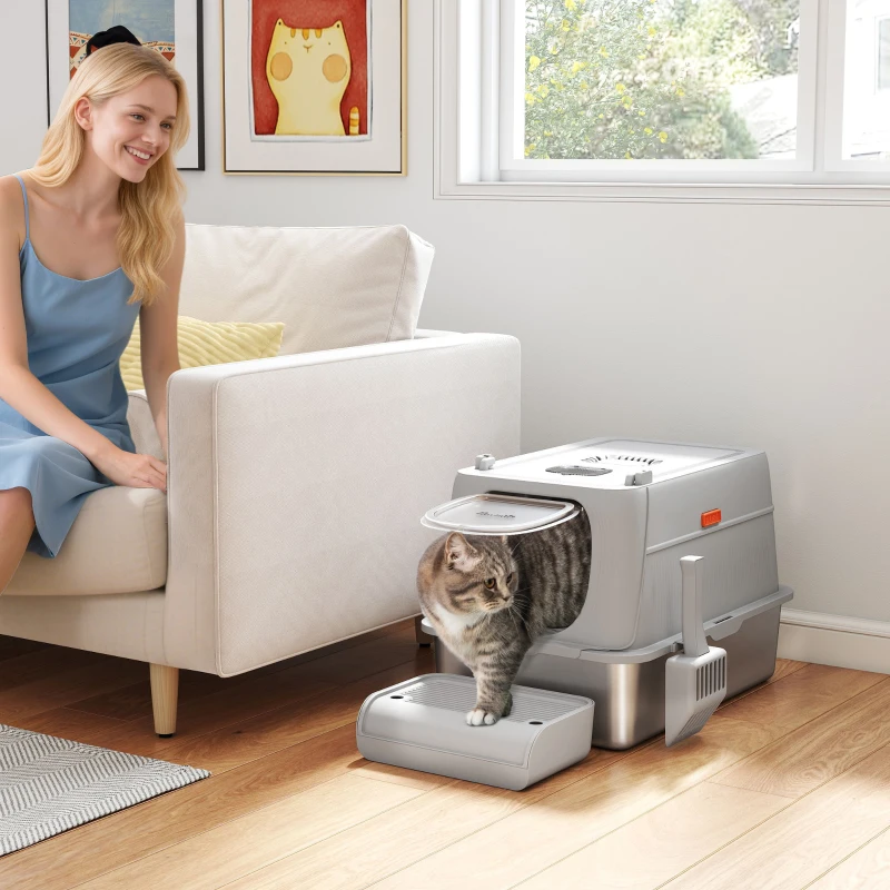 PawHut XL Stainless Steel Cat Litter Box, Kitty Litter Box with Flip Cover, Pedal, Deodorizer, for Big Cats