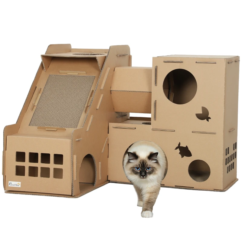 PawHut Multi-Level Cardboard Cat House, Corrugated Cardboard Play Condo with Scratching Pads for Indoor Kittens
