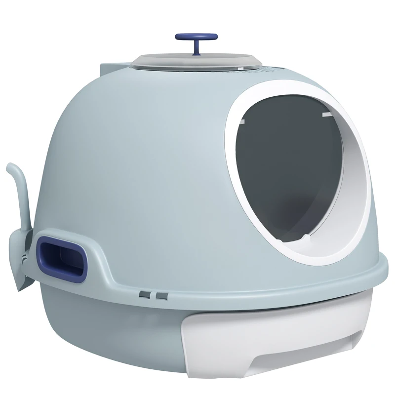 PawHut Cat Litter Box Toilet with Lid, Covered Litter Box with Scoop, Enclosed Drawer and Skylight, Blue