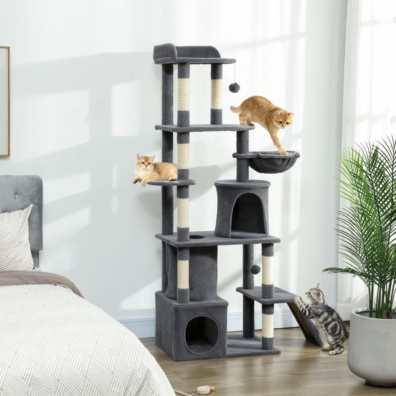PawHut 67" Large Cat Tree with 7 Scratching Posts, Tunnel, 2 Condos, Hammock, Perch, Ramp, Pompoms, Dark Grey