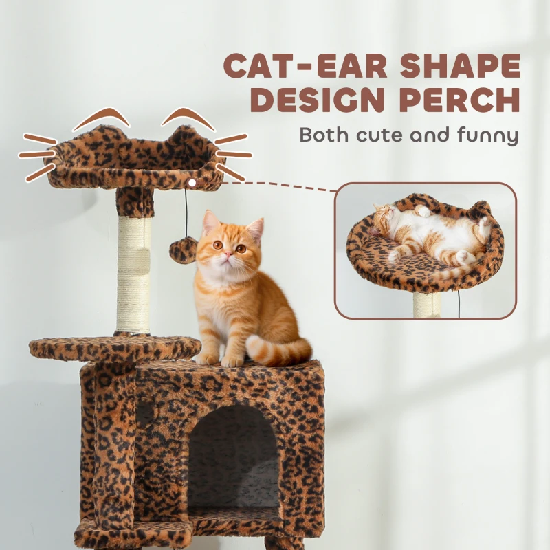 PawHut 63 Inch Cat Tree with Sisal Scratching Posts, Condos, Plush Perches, Hammock, Ladder, Dangling Balls, Leopard Print