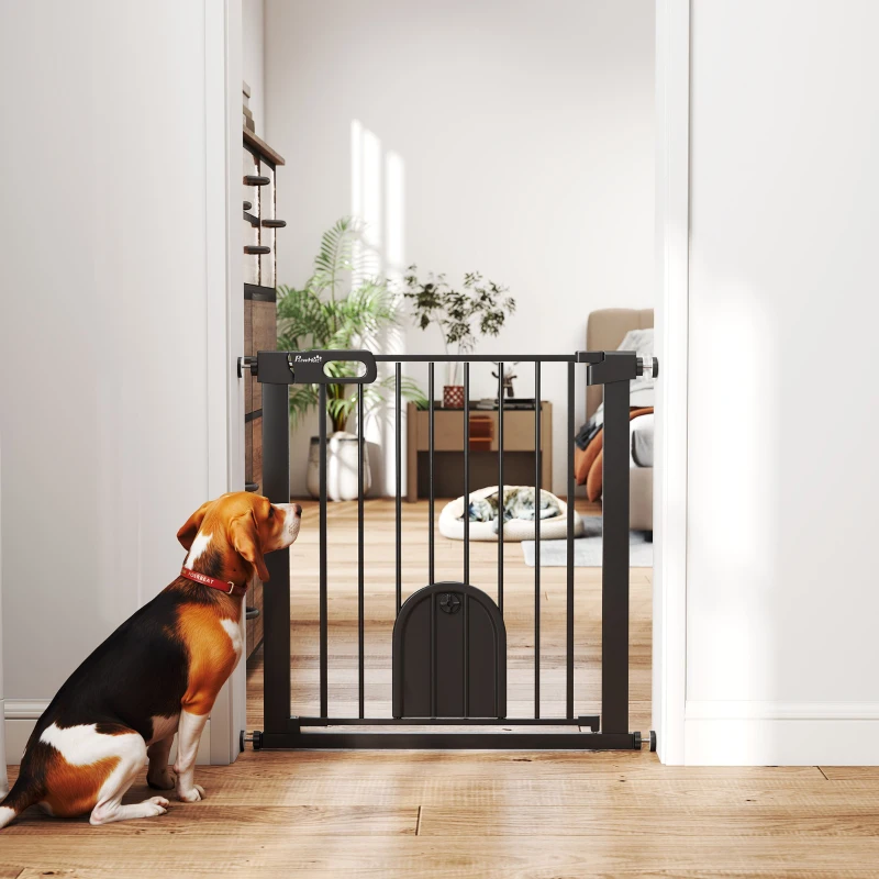 PawHut 30"-32" Extra Wide Pet Gate Barrier with Small Door, 30"H Dog Gate with Safety Gate Barrier, Stair Pressure Fit, Black