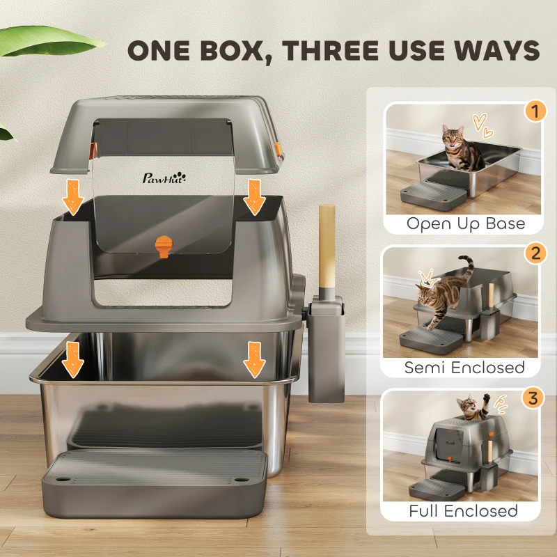 PawHut XL Stainless Steel Cat Litter Box, 80L Kitty Litter Box with Front/Top Entry, Trapping Step, Scoop, for Large Big Cats