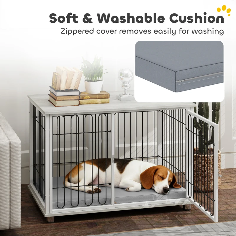 PawHut Dog Crate Furniture with Washable Cushion, Adjustable Feet for Medium Dogs, Indoor Use, Grey