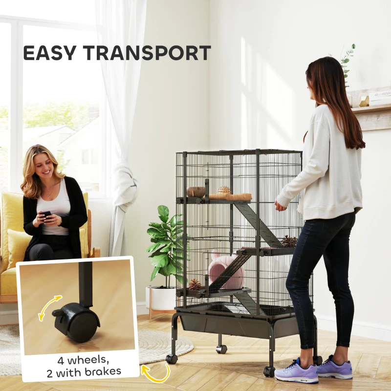 PawHut 47"H Ferret Cage, Large 4-Tier Guinea Pig Cage with Wheels, Ramps, Bowl, Water Bottle & Removable Tray, Black