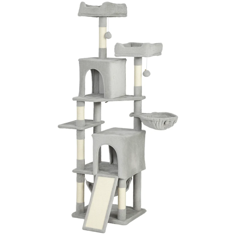 PawHut Cat Tree, 70" Multi-Level Cat Tower with 2 Condos, 2 Beds, Hammock, Toy Balls, Scratching Posts and Board, Light Grey