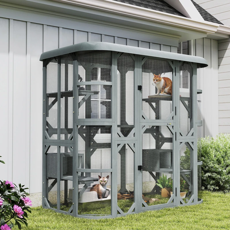 PawHut Catio Outdoor Cat Enclosure, 71" Wooden Cat House with Platforms, Condos and Waterproof Cover for 2–3 Kittens, Grey