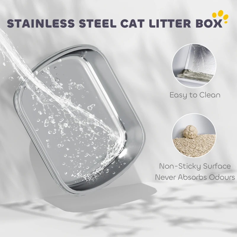 PawHut Stainless Steel Cat Litter Box, Cat Litter Box with High Side and Scoop, Anti-Leakage, Easy to Clean, Navy Blue