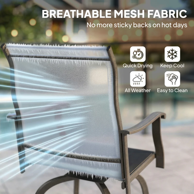 Outsunny Set of 2 Outdoor Swivel Bar Stools with Armrests, Bar Height Patio Chairs with Steel Frame for Balcony, Poolside, Backyard, Black