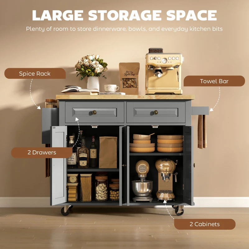 HOMCOM Kitchen Island with Storage, Rolling Trolley Cart with Rubber Wood Top, Spice Rack, Towel Rack, Grey