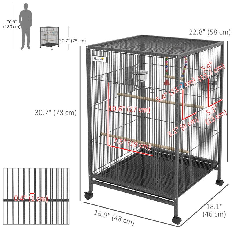 PawHut 31" Bird Cage for Parrots Lovebirds Budgies Finches, Flight Cage with 5 Doors, Swing, Stainless Steel Bowls, Removable Tray, Wheel, Grey