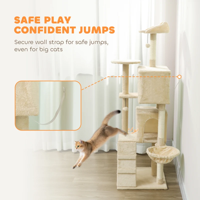 PawHut 63 Inch Cat Tree with Sisal Scratching Posts, Condos, Plush Perches, Hammock, Ladder, Dangling Balls, Beige