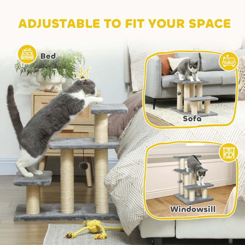 PawHut Cat Stairs with 2 Sisal Scratching Post for High Bed Couch, Adjustable 3-Tier Pet Stairs, White & Grey