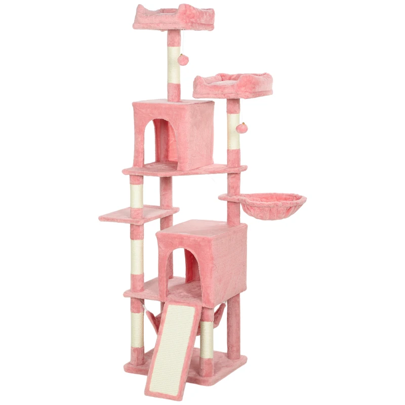 PawHut Cat Tree, 70" Multi-Level Cat Tower with 2 Condos, 2 Perches, Hammock, Toy Balls, Scratching Posts and Board, Pink